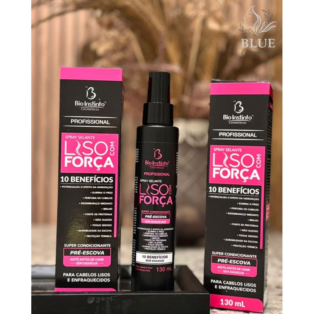 Spray Liso com Força Bio Instinto 130mL 10 beneficios Pré Escova Desembaraça Proteção Térmica Salão
