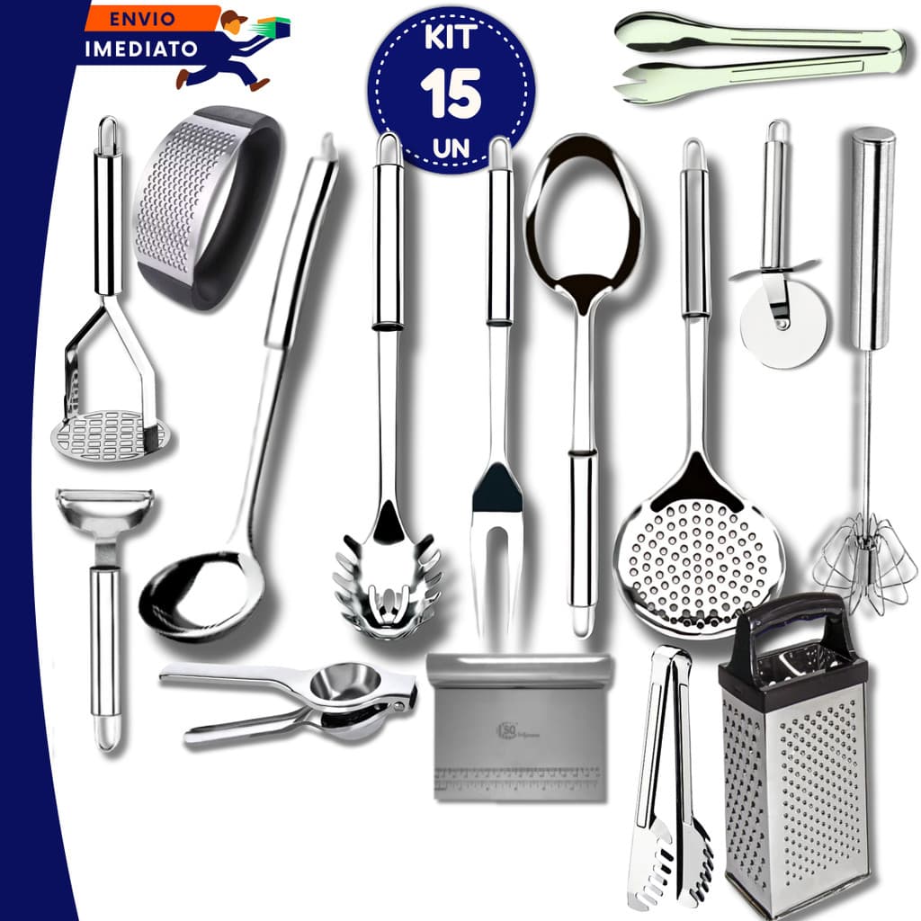 Utensílios de Cozinha Inox Premium Completo 5 10 15 Peças