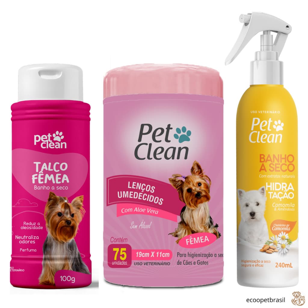 Kit Novo Banho a Seco Cachorro Cães e Gatos Hidratação, Nutrição e Maciez + Talco Femea + Lenços Umedecidos Pet Clean