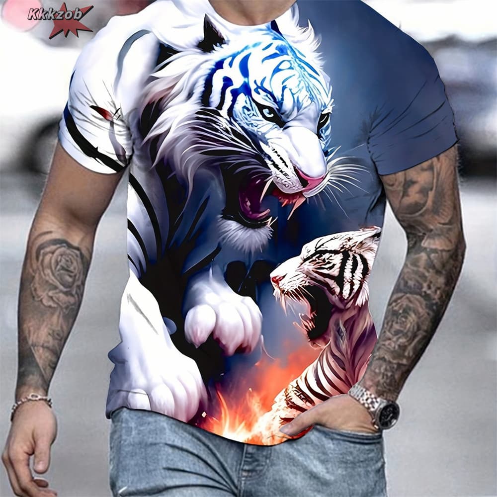 Camiseta Masculina 3D Tigre Impressão T Animal Topos Moda Padrão Camisa Oversized Streetwear O-Pescoço Roupas Topo
