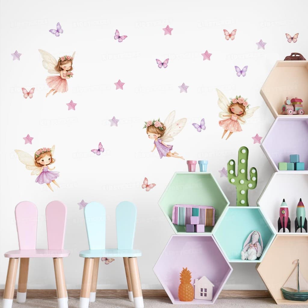 Kit Adesivos Parede Fadas Infantil Lavável Seguro Fácil Aplicação Criativo Quarto Menina Bebê