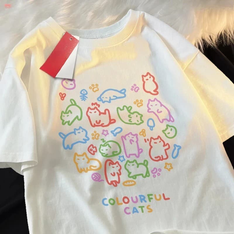 Camiseta Casual Gato Colorido100% Algodão Premium Plus Size Envio Imediato