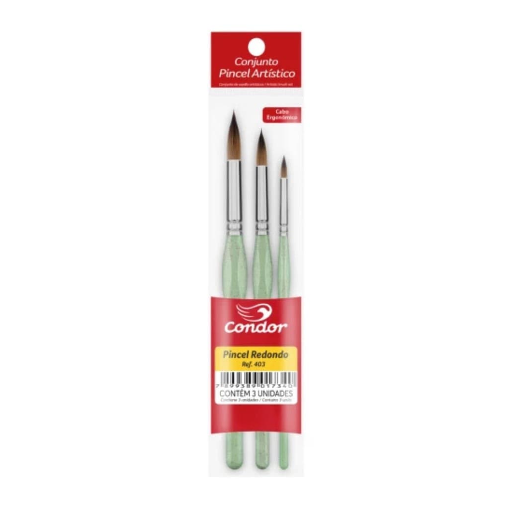 Kit com 3 Pincéis Redondos Ergonômicos 403 - Condor