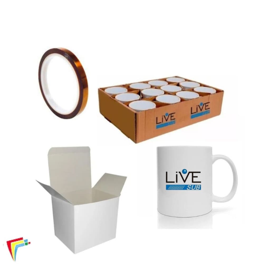 CANECA BRANCA LIVE 325ML - 12UN + CAIXINHA BRANCA + 1 FITA TERMICA