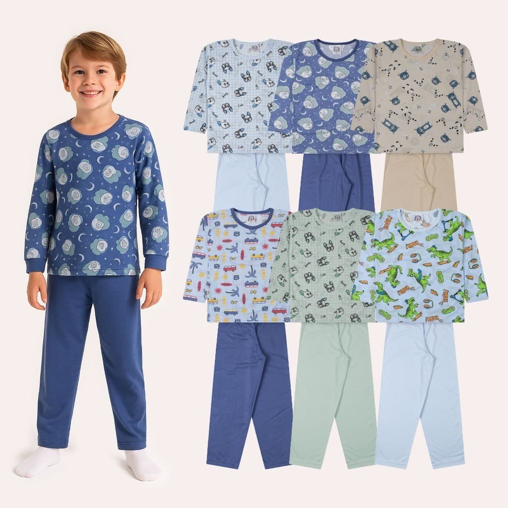 Kit 6 Peças Pijama Estampado Infantil Masculino 3 Blusas e 3 calças