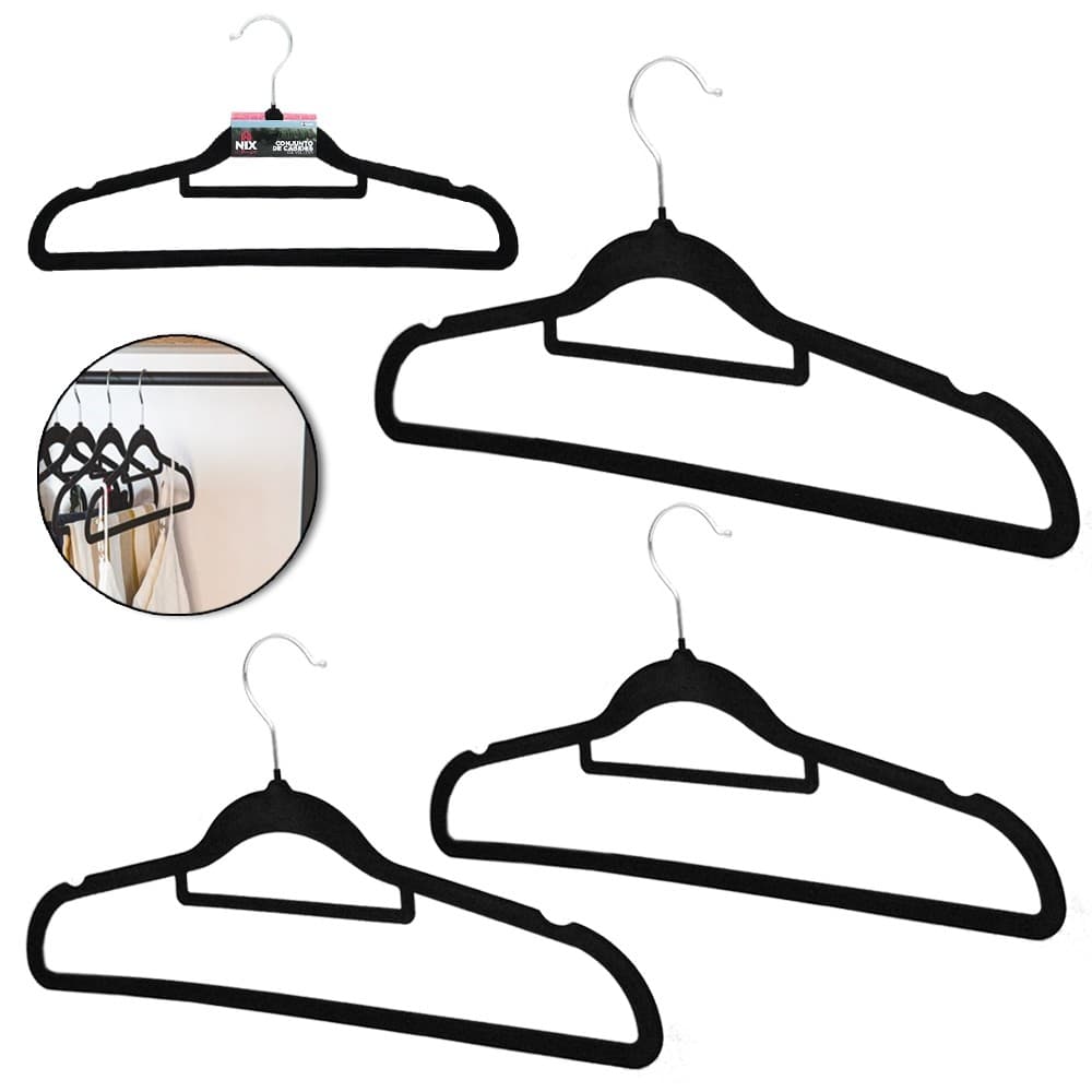 CABIDE ROUPA DE PLASTICO REVESTIDO EM VELUDO COM CAVA PRETO 3 PECAS