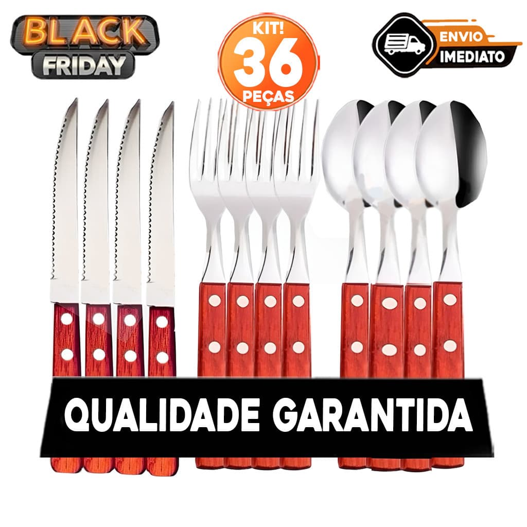 Jogo de Talheres Cabo Madeira 36 peças em Aço Inox 12 Facas 12 Garfos e 12 Colheres de Mesa Restaurante