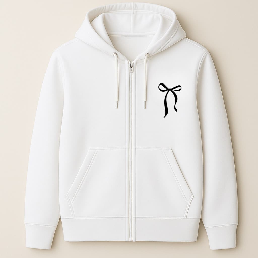 Moletom Ziper Feminino Bolsos Capuz Lacinho Minimalista Fofo Algodão Confortavel Inverno