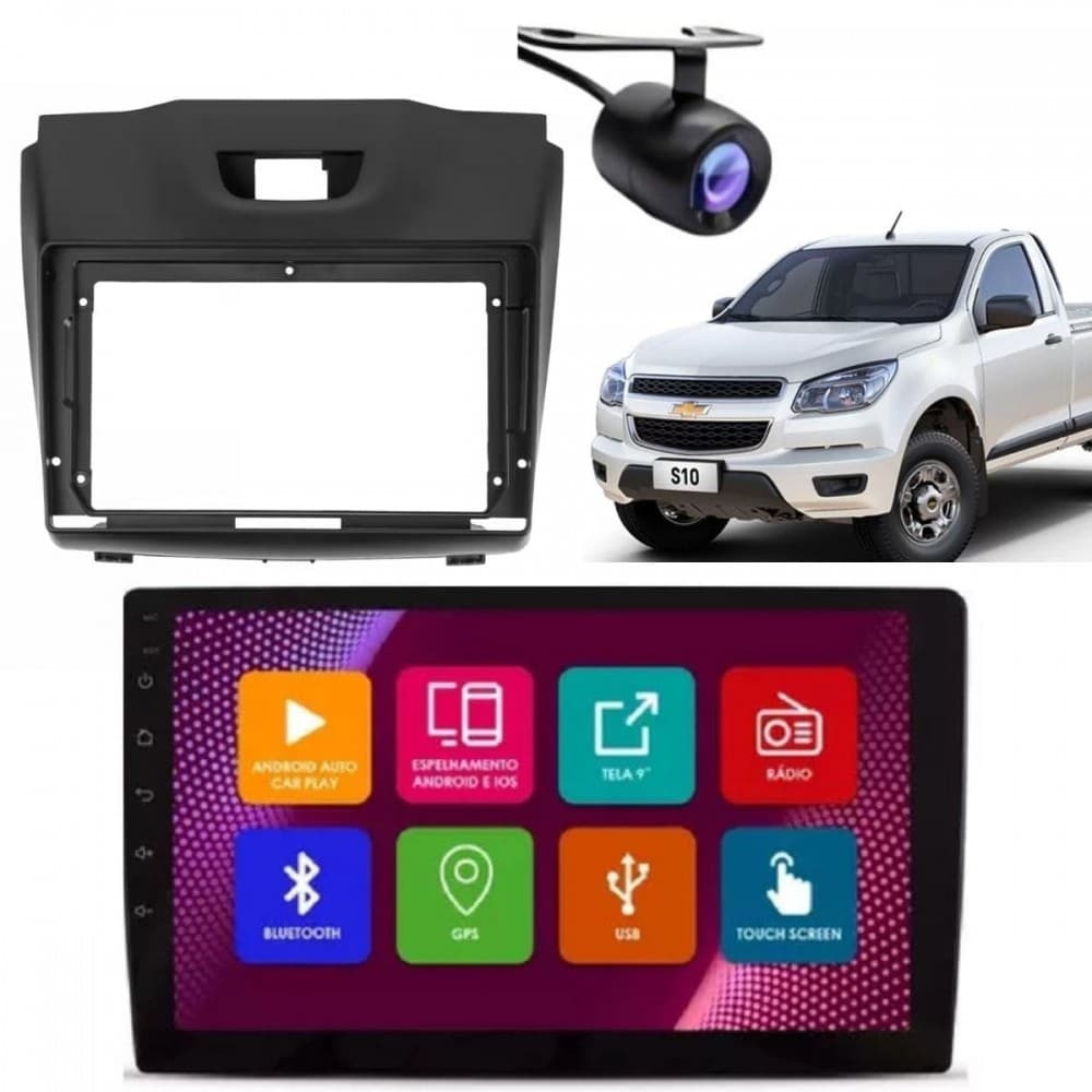 Central Multimídia Android 2 Din GM S10 Moldura 9" Câmera Ré Grafite