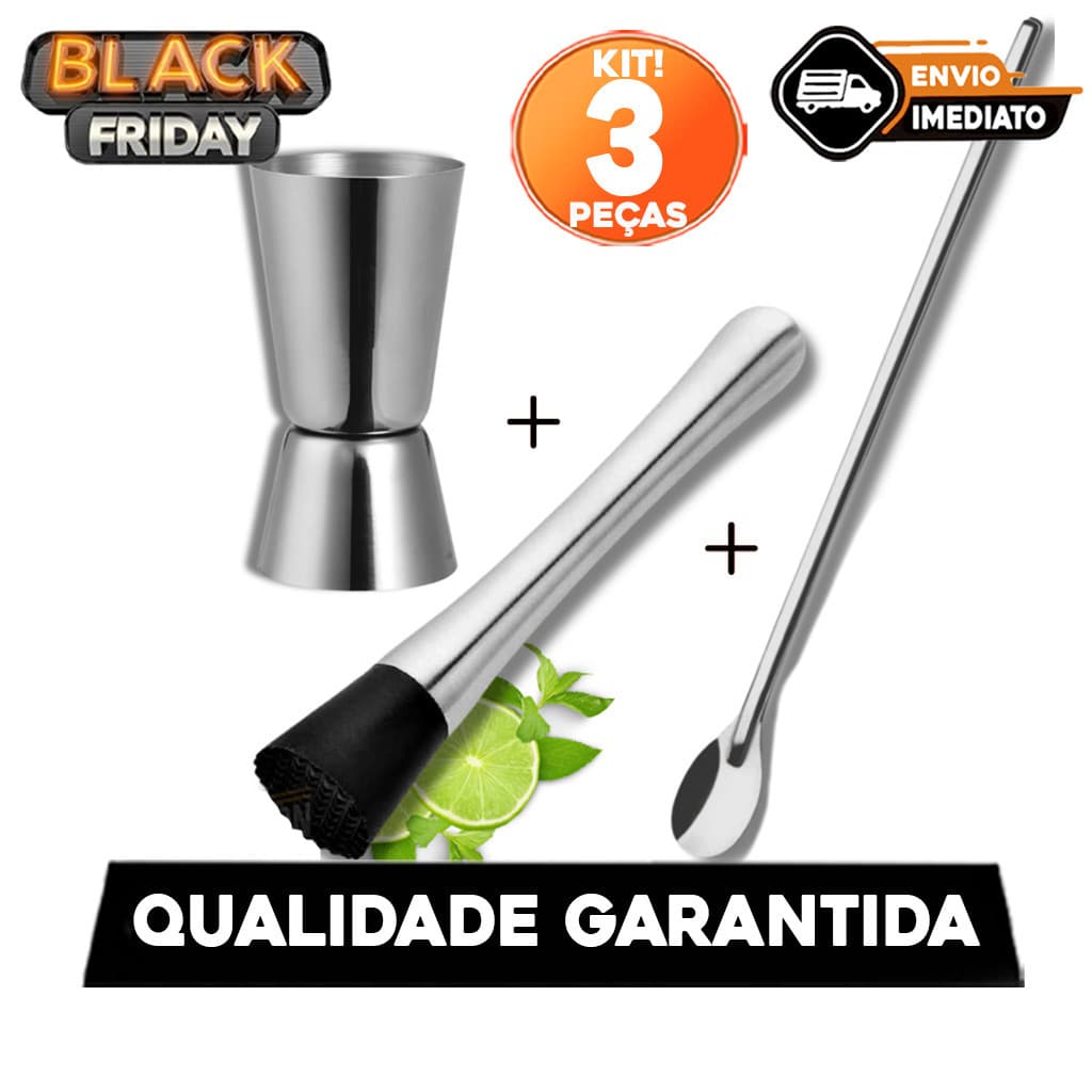 Kit Bar Profissional Inox – Dosador Duplo + Socador de Bebidas + Colher Bailarina | Drinks -envio imediato