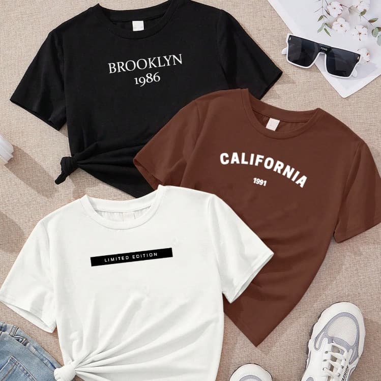 camiseta feminina de algodão kit com 3 Brooklyn California Limited blusa marrom preta Off white