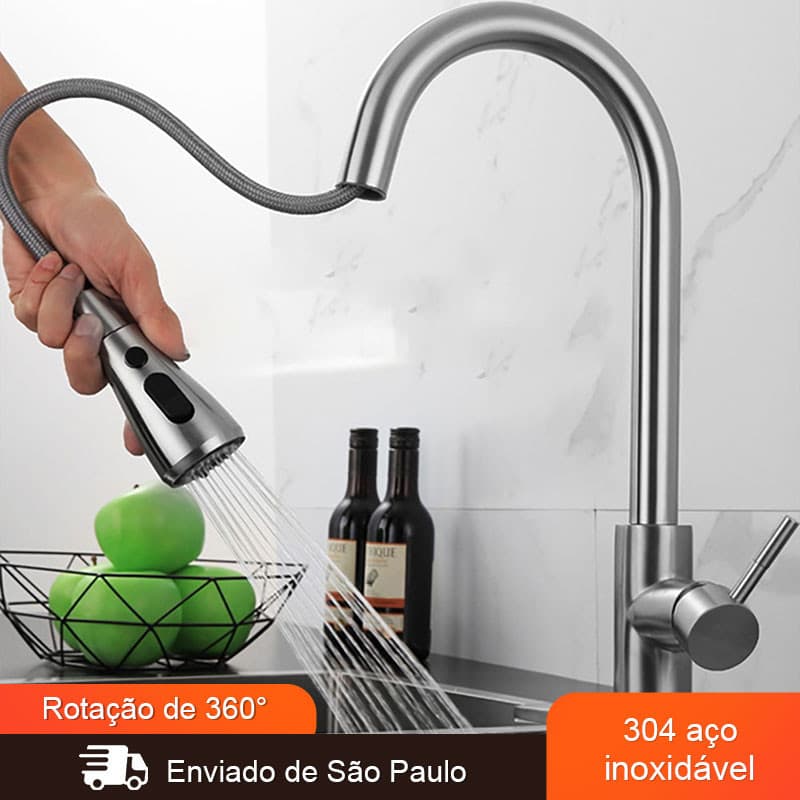 Torneira Cozinha Gourmet Monocomando Spray Ducha Extensível Aço Inox 304 Escovado