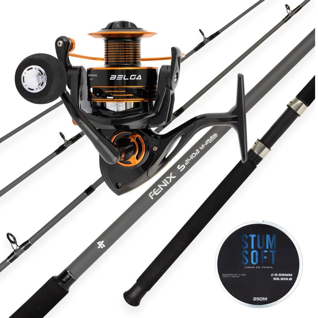 Kit Pesca 20kg Molinete Belga Vara Fenix 180m 250m linha