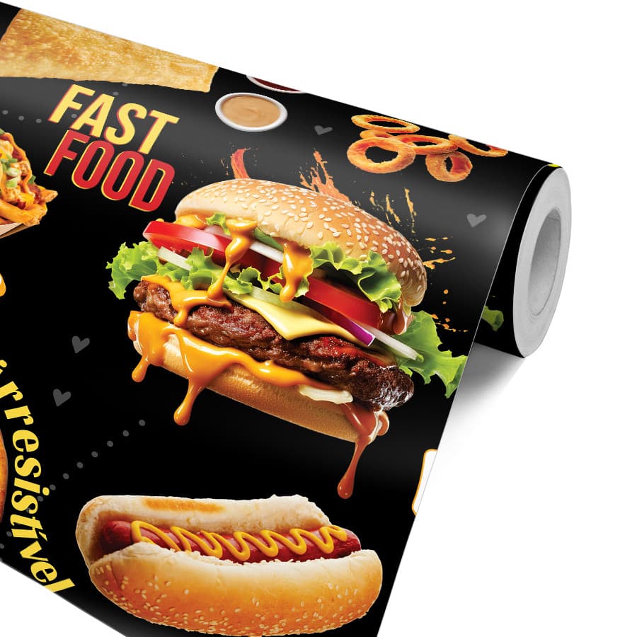 Papel de Parede Fast Food Hamburguer Hot Dog Pizza Batata Frita Lanchonete Restaurante Geladeira