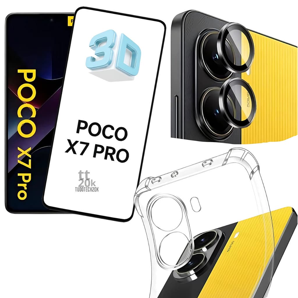 Kit Completo Poco X7 Pro Pelicula Vidro Frontal 3d + Capa Capinha Anti Impato Transparente + Película Câmera Aro Anel