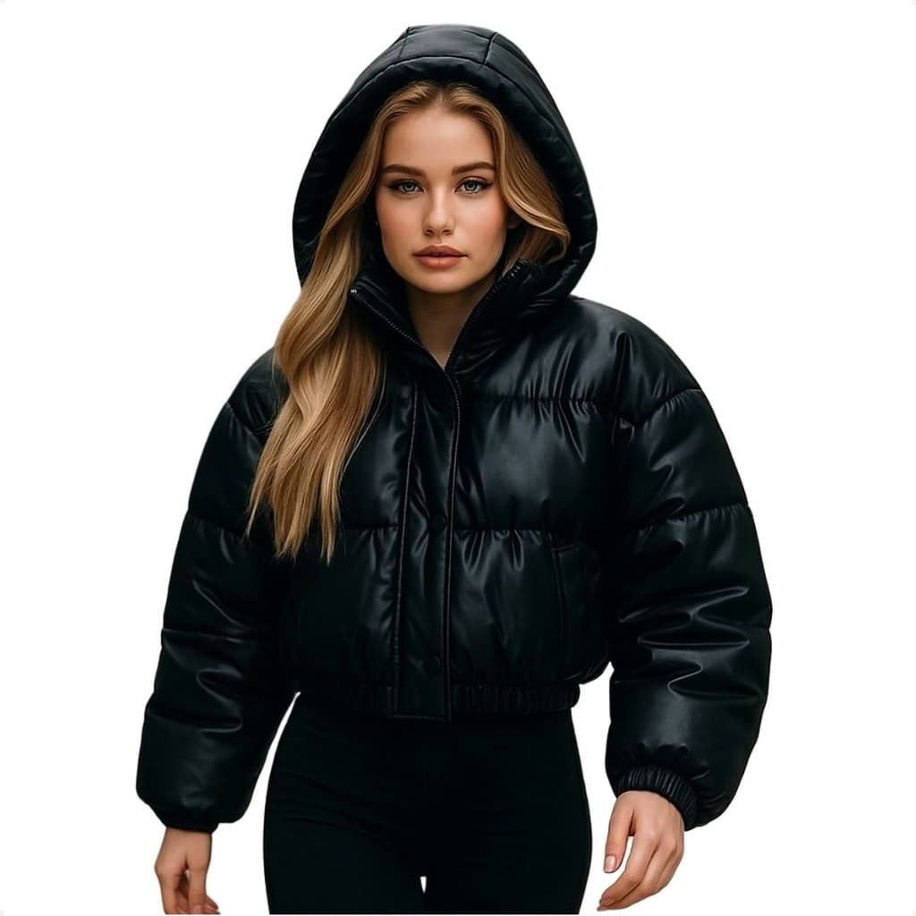Jaqueta Puffer Couro Feminina Forrada Com Capuz Removivel