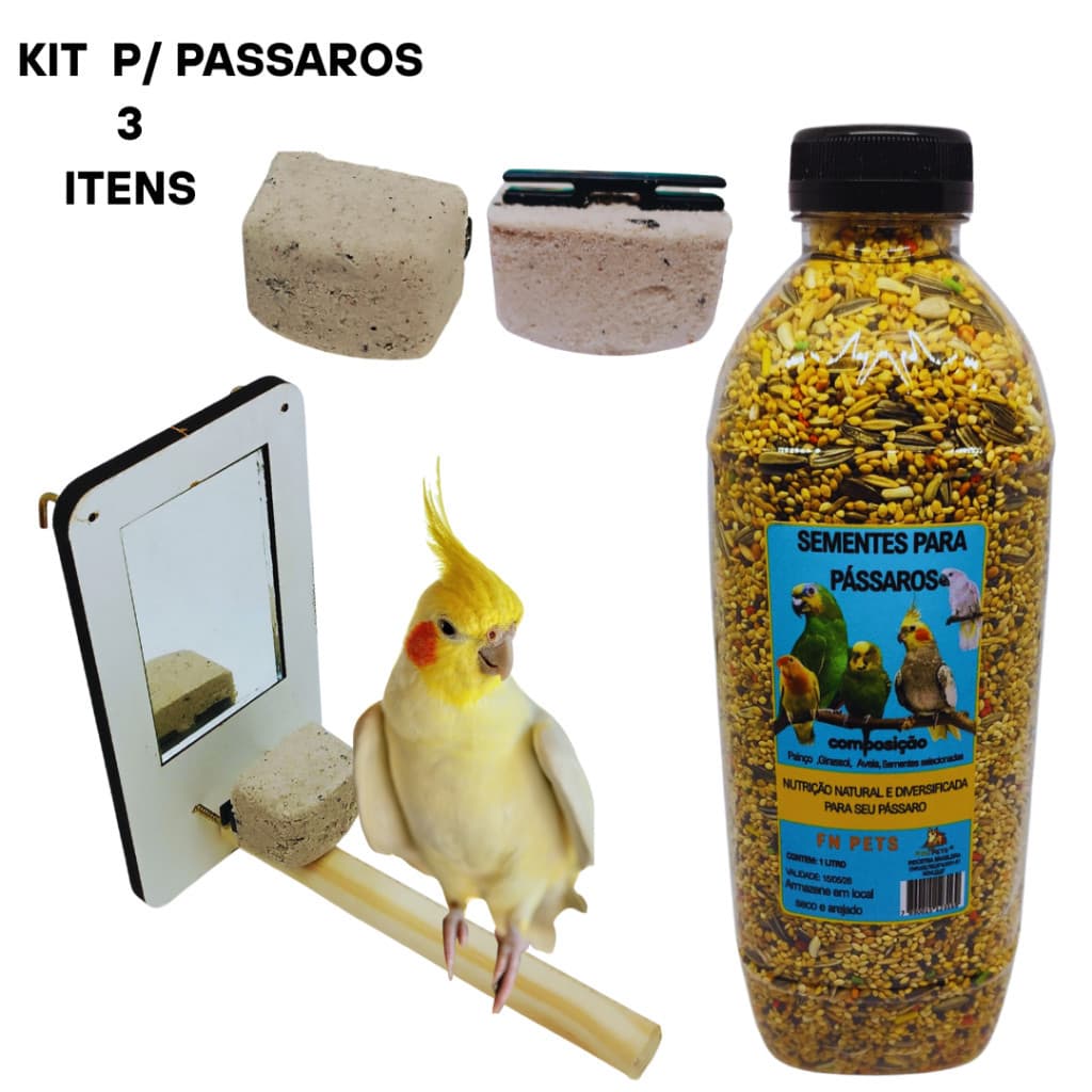 Kit 3 pet Calopsita com Espelho Pedra de Cálcio e Sementes Completo FN Pets 3 Itens viveiro  gaiolas