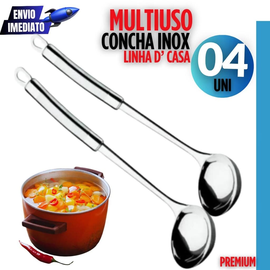 Conjunto 04 Conchas de Inox (23cm) – Cabo Grosso e Resistente | Perfeitas para Molhos, Caldos e