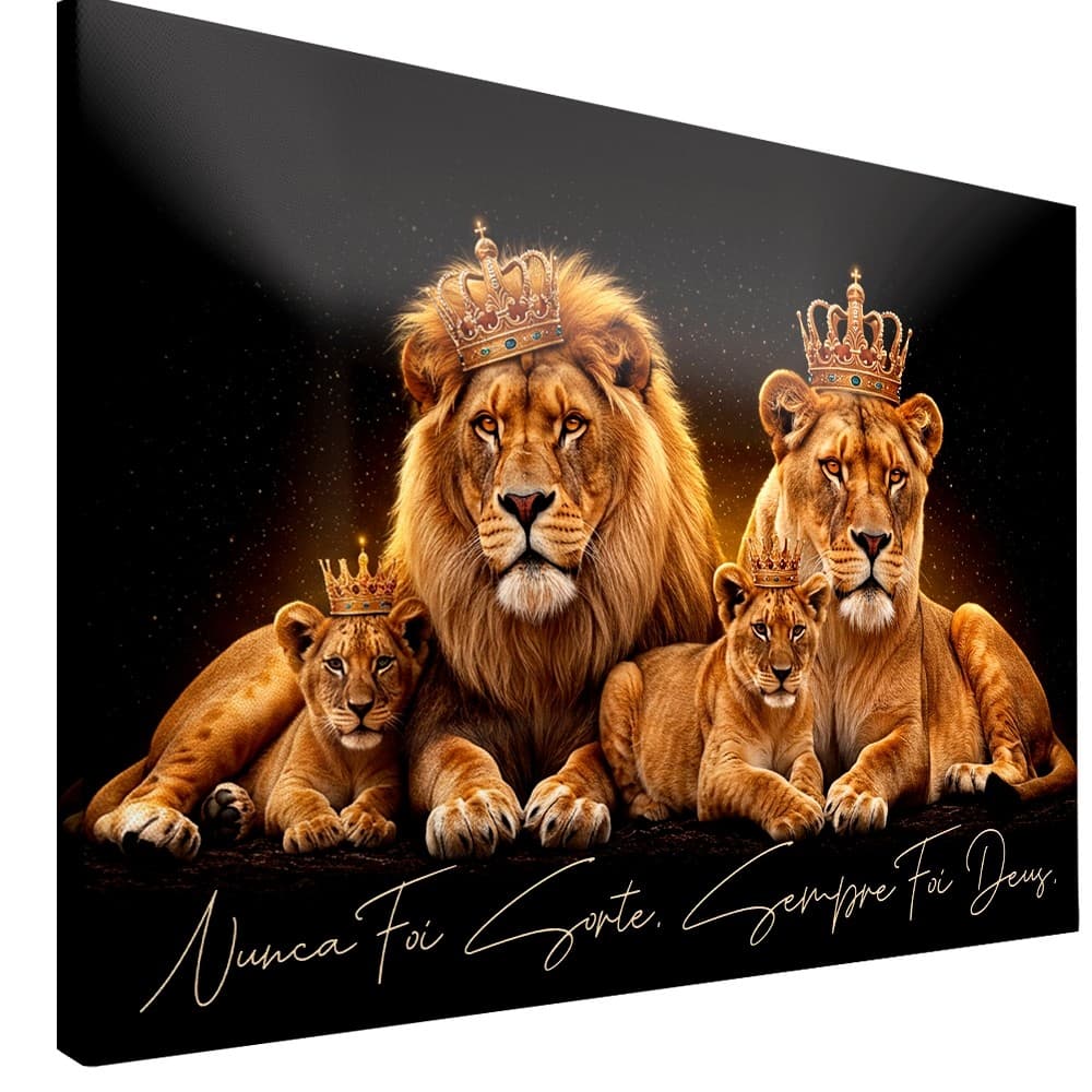 Quadro Decorativo Leões Família Real 2 Filhotes Fundo Preto Frase Casa Sala Quarto Decoração Hall