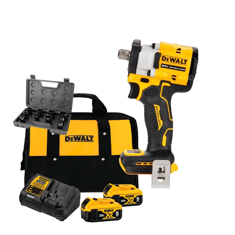 Chave De Impacto 1/2" Bateria 20v Dewalt DCF922B-B3 + Kit Bateria 5A DCB205C2K-BR + Jogo Soquete 10pcs