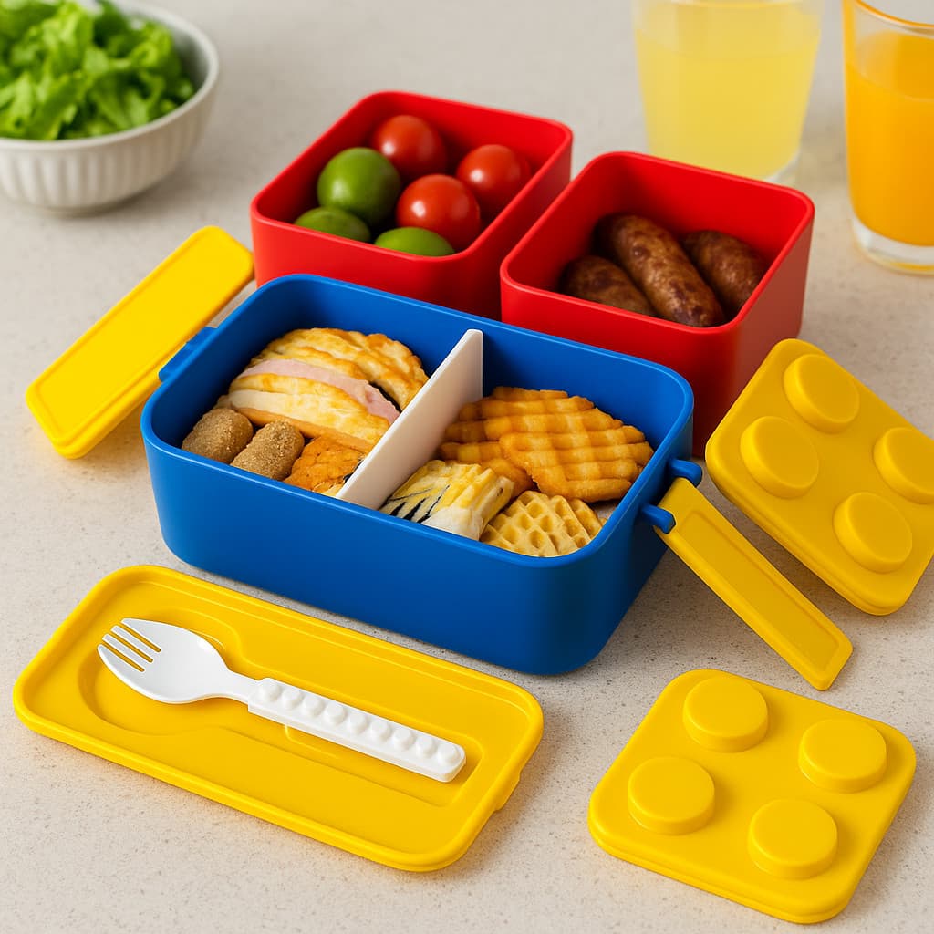 3 Potes Marmita Infantil Kit Lancheira Desmontavel Divertida Bloco lego