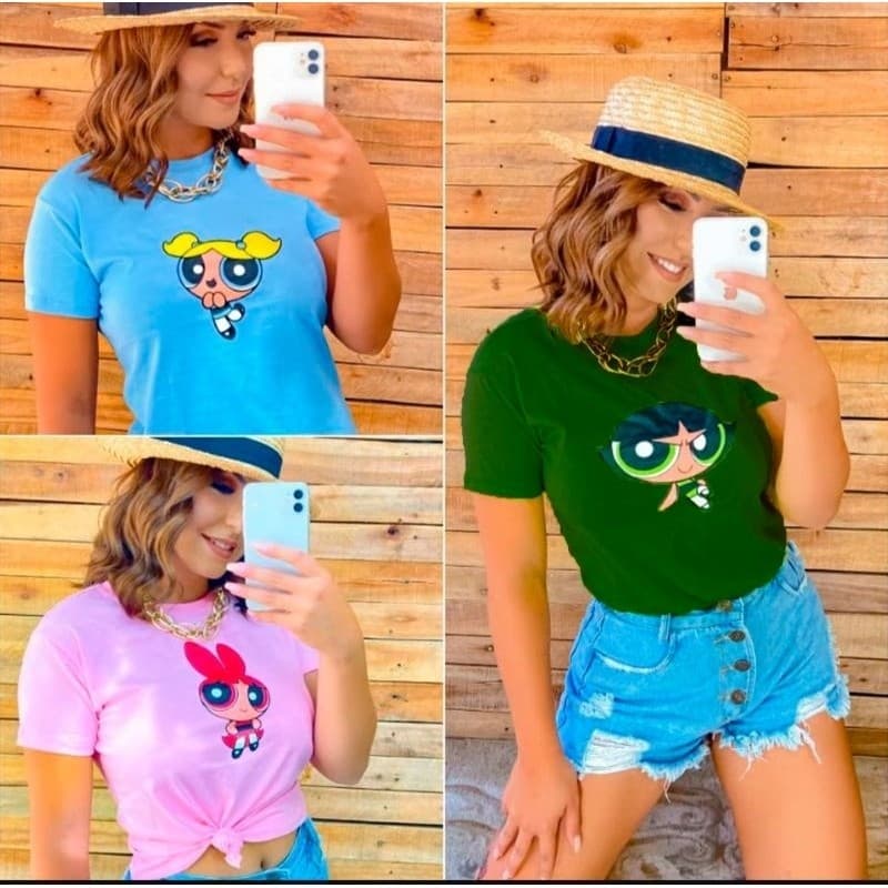 Camisa Feminina Meninas Super Poderosas Blogueirinha Blusa De Manga Curta Com Reforço De ombros Enviou Imediato