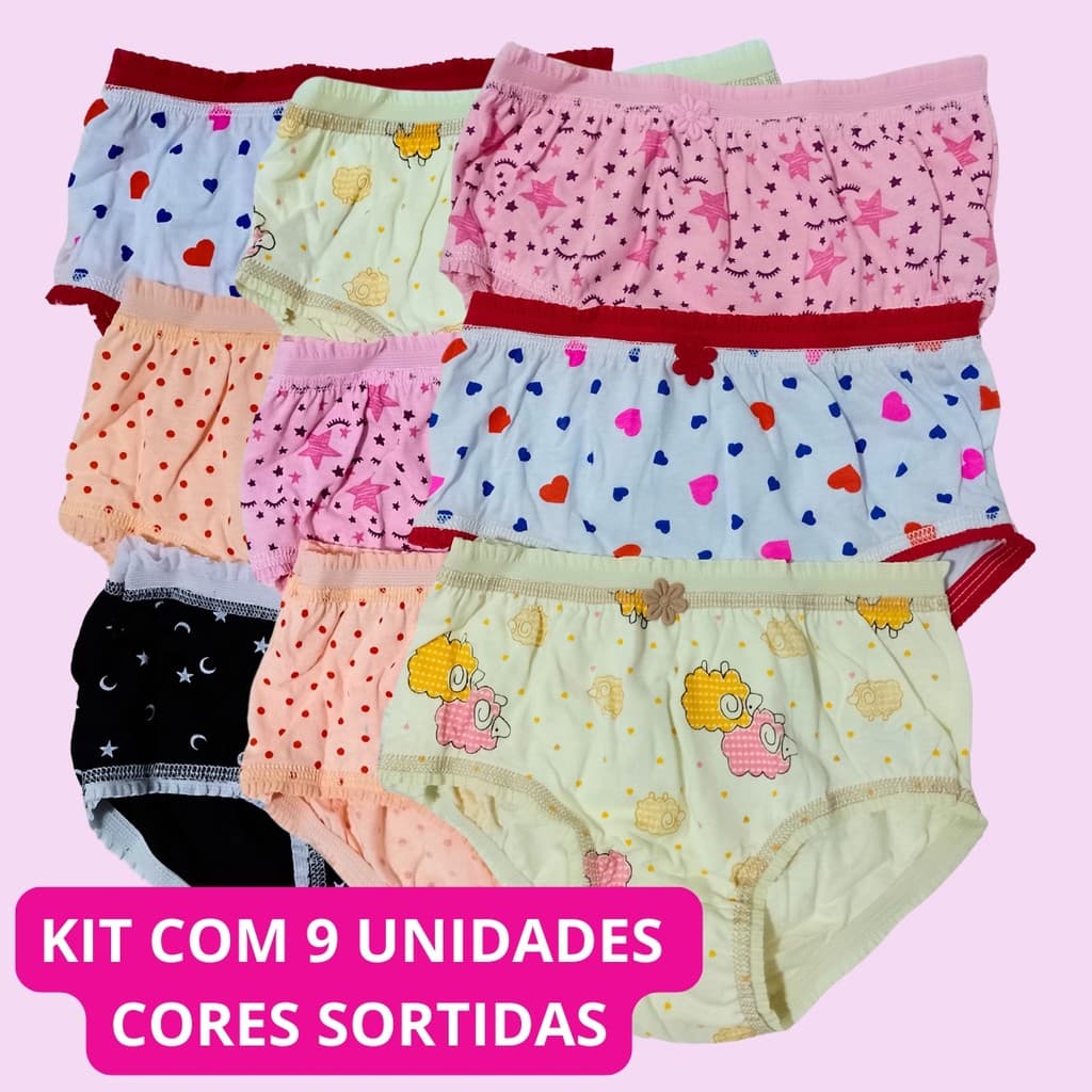Calcinhas Infantil Juvenil Menina Lisa e Estampada Kellynha Kids Criança 100% Algodão Kit 9 unidades