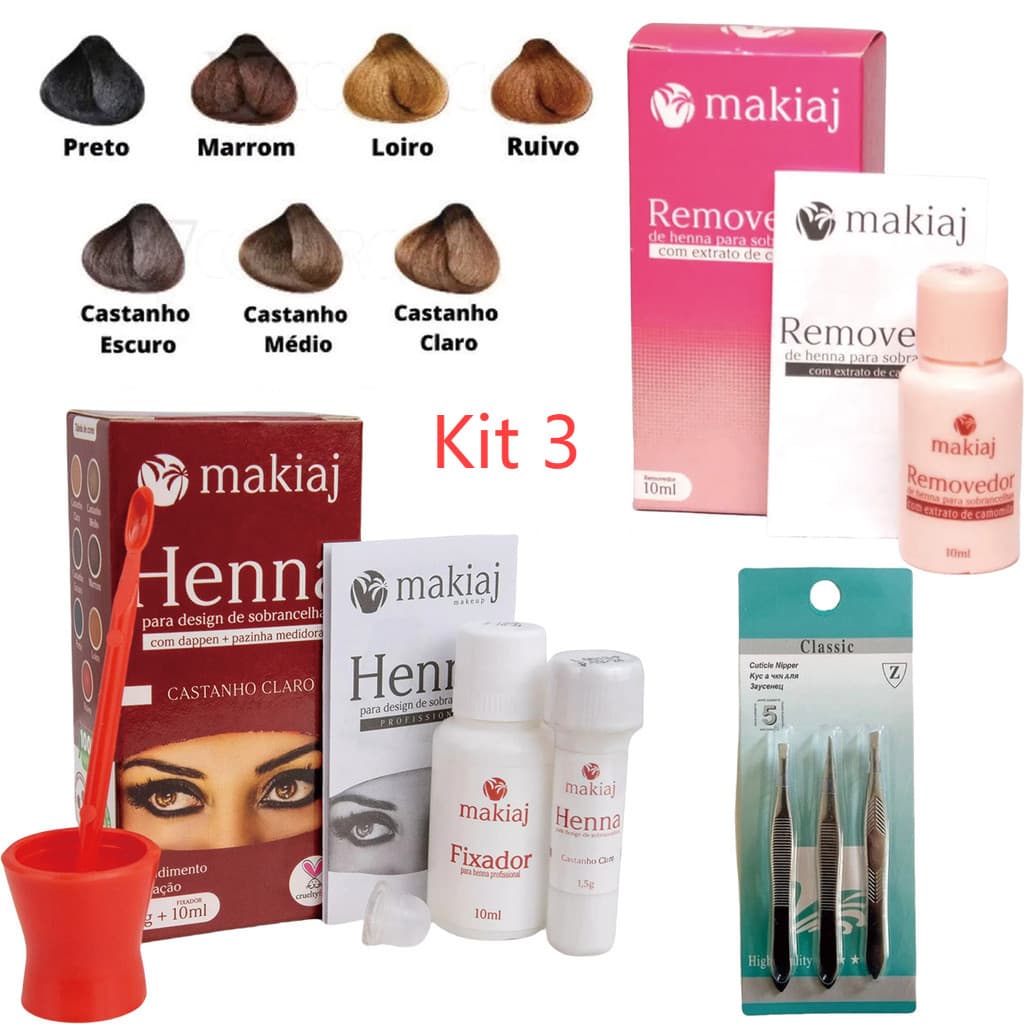Kit 3 Makiaj Henna e Removedor e Pinças de Sobrancelha - Design Completo e Profissional