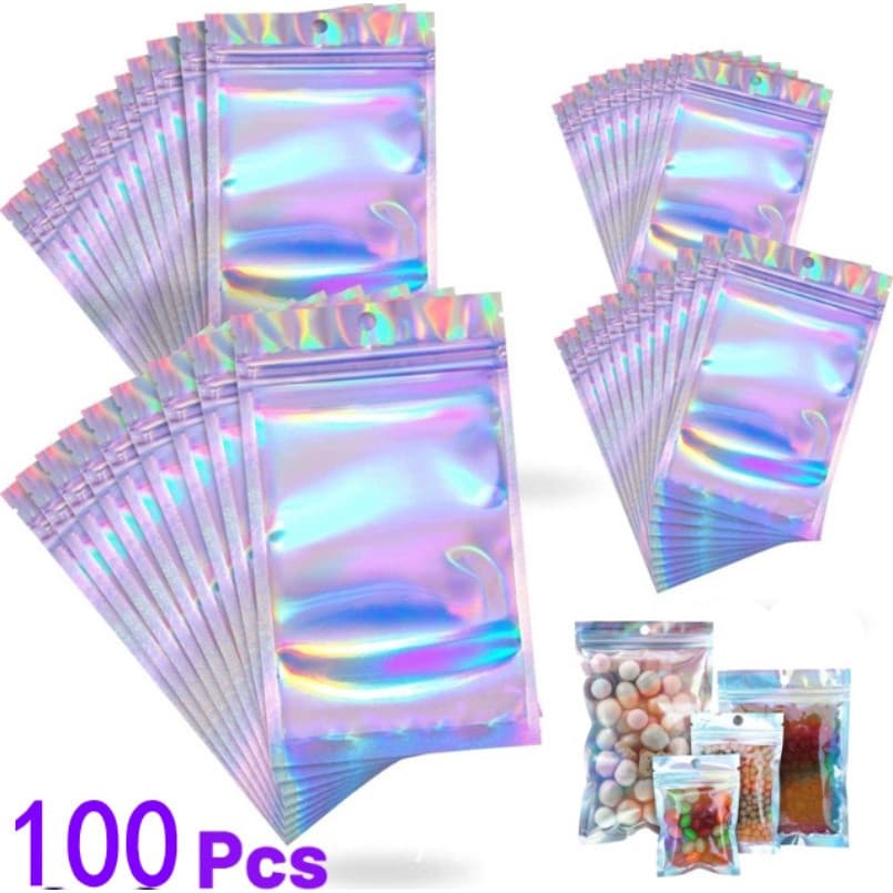 100 peças pequenas joias Laser Ziplock saco plástico com janela transparente embalagem saco de armazenamento de presente