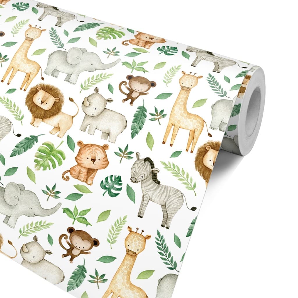 Papel de Parede Safari Infantil Aquarela Leão Girafa Elefante Delicado