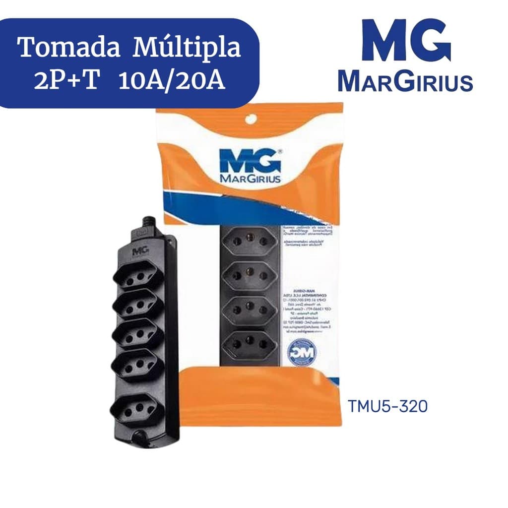 Régua 5 Tomadas Para Extensão 10a 20a Barra Multipla 2P+T 20A/10A TMU5-320 Margirius