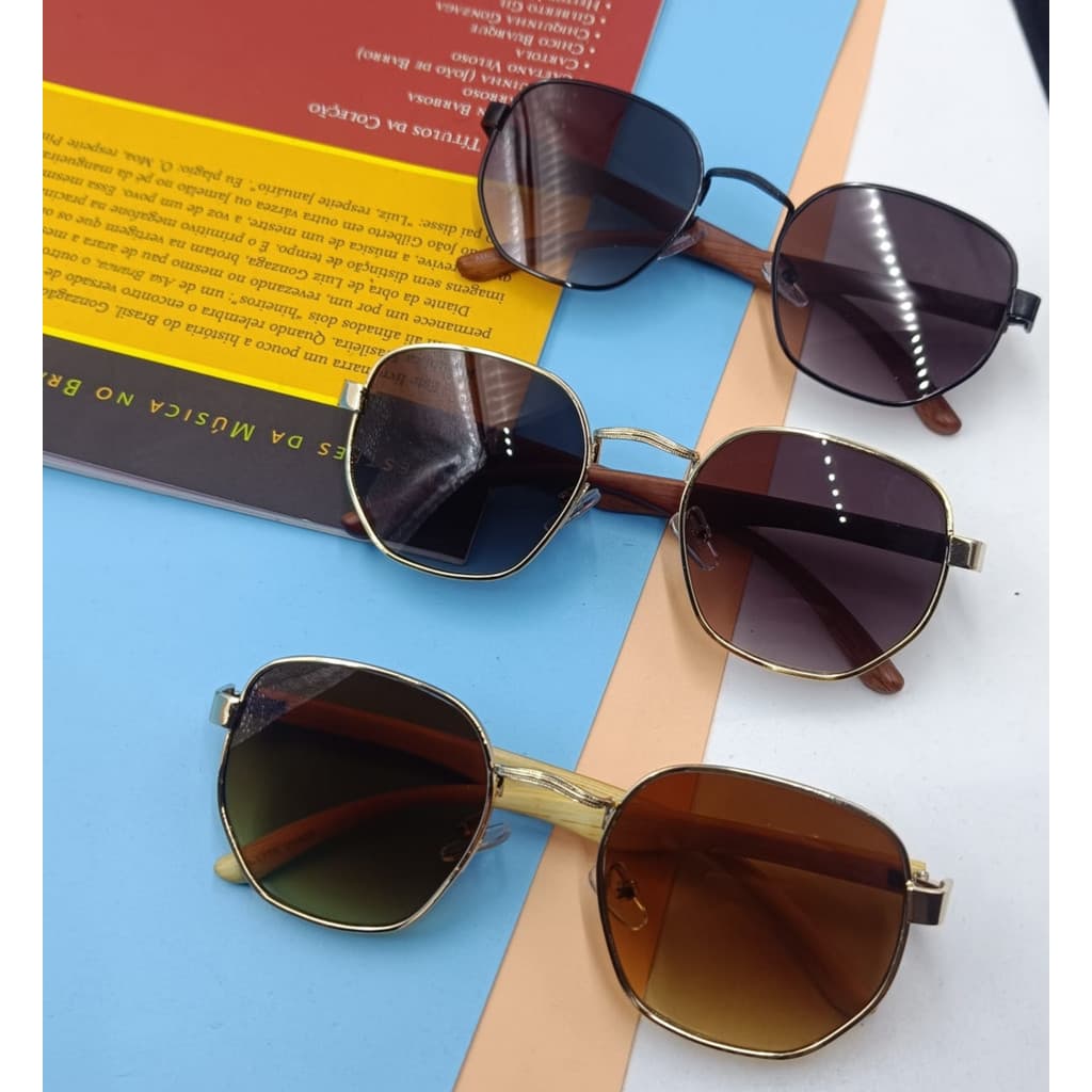 Óculos de Sol Feminino Masculino Hexagonal Com Haste de Madeira