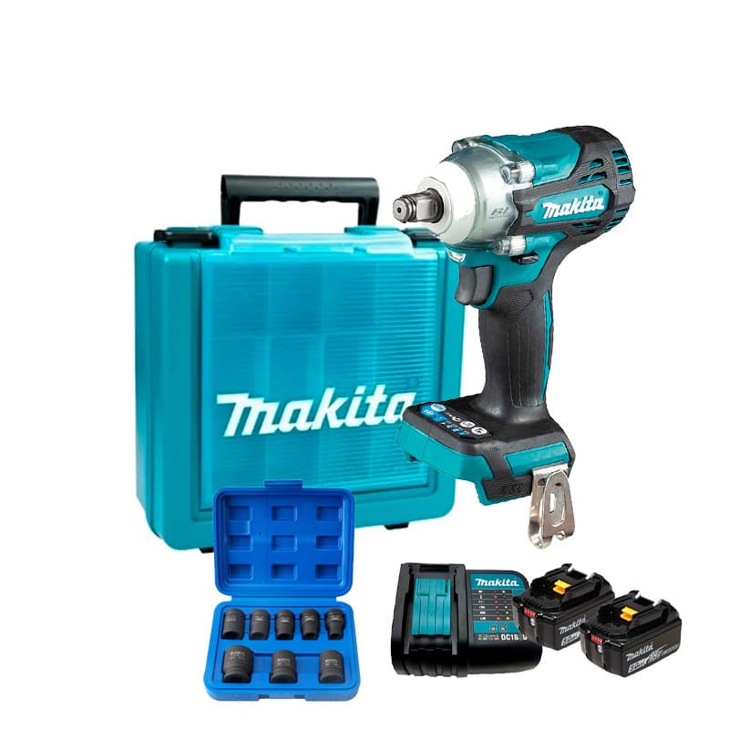 Chave de Impacto 1/2" Bateria 18V LXT Makita DTW300Z + Kit 2 Baterias 5Ah e Carregador Bivolt + Jogo de Soquete 8 pcs
