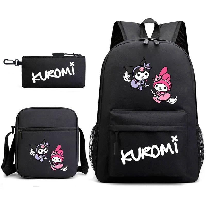 [Loja de Fábrica] Kuromi Novo Mochila para Estudantes do Ensino Fundamental Mochila Casual de Dupla Ombro Conjunto de 3