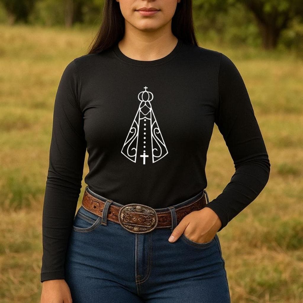 Camisa UV Feminina Manga Longa Nossa Senhora Aparecida Proteção Solar Térmica Algodão Country Cristã