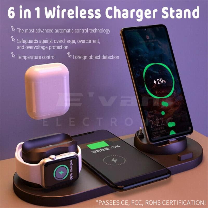 ToKerNew Dock de Carregamento Sem Fio 6 em 1 - Carregamento Rápido de 15W para iPhone/Apple Watch/AirPods - Estação Mult