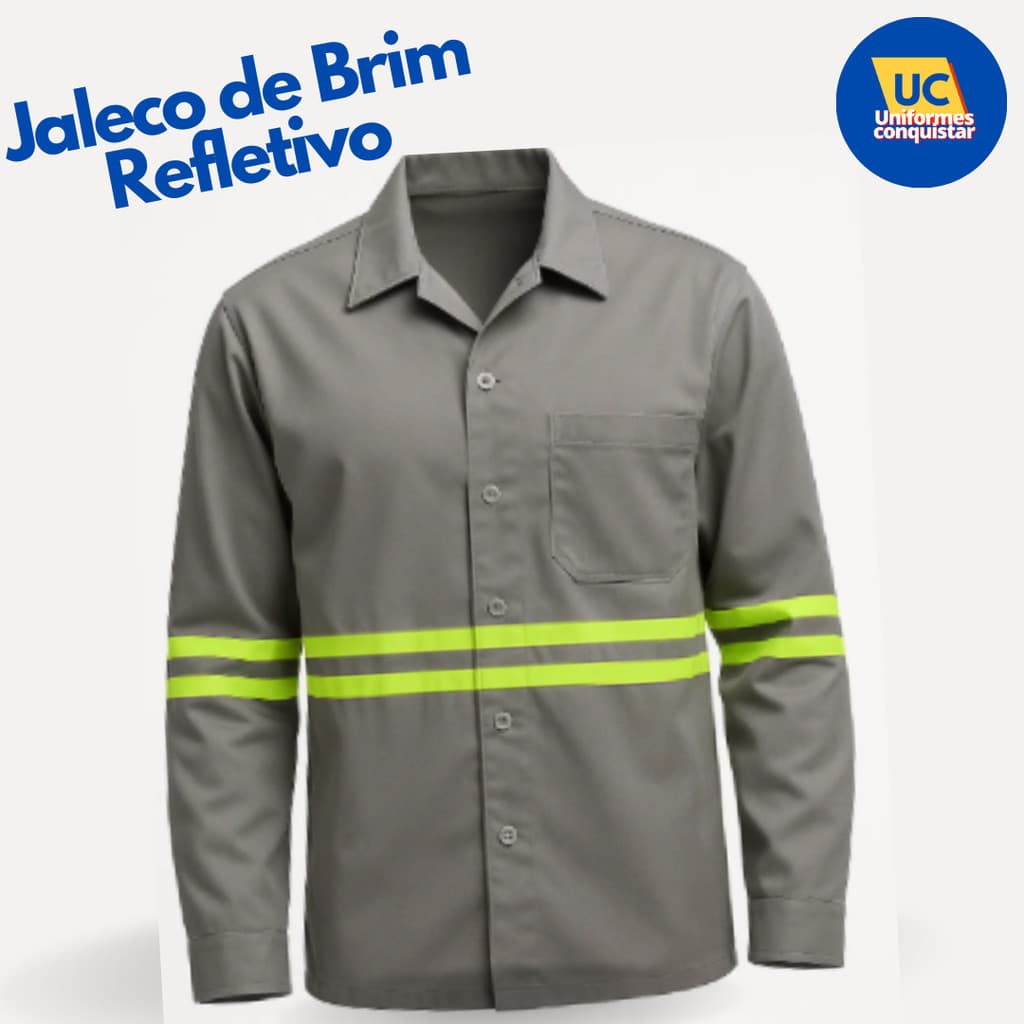 Jaleco de Brim Reforçado com Faixa Refletiva | Botões Frontais e Gola Tradicional | Uniforme Profissional