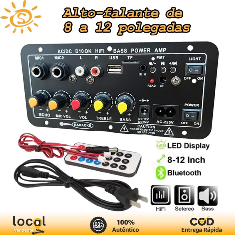 Placa Amplificadora Digital 110/220V 12V, 2 Microfones Karaoke + Subwoofer, DIY Home Theater Party