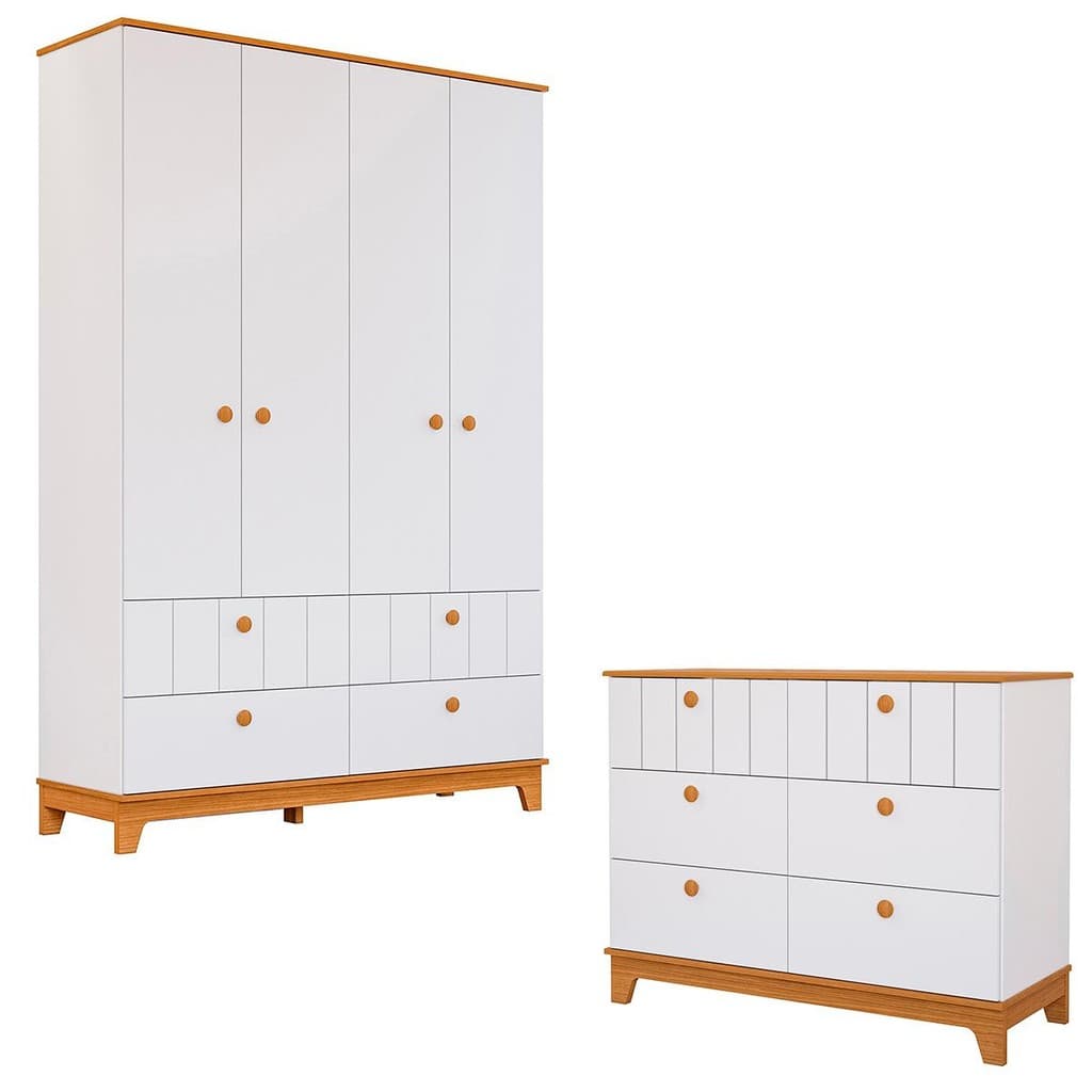 Conjunto Biscoito Roupeiro 4 Portas e Cômoda 6 Gavetas