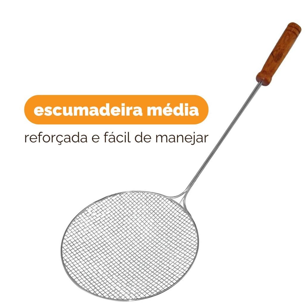 Escumadeira Redonda de Aço Galvanizado 13 cm Cabo de Madeira para Fritura de Pastéis e Salgados