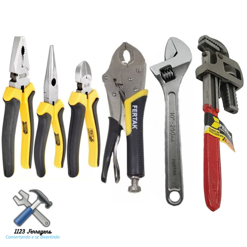 Kit- 1 Alicate Universal 8"+1 Bico 6”+1Corte 6"+1 Pressão 10"+1 Chave Inglesa 10”+1 Grifo 10”Fertak