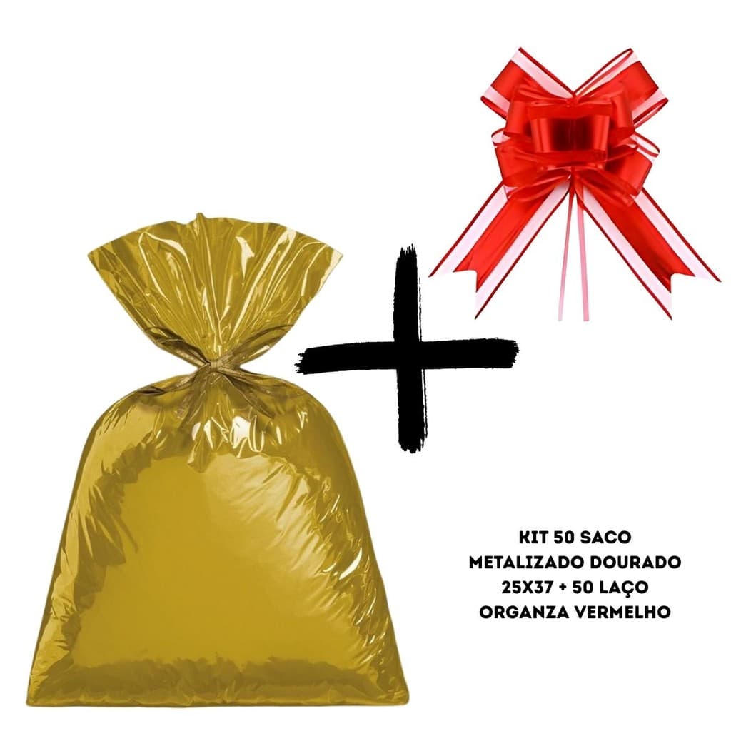 KIT 50 LAÇO MAKE+ ORGANZA VERMELHO + SACO DOURADO METALIZADO PRESENTE 25X37 COM 50 UNIDADES
