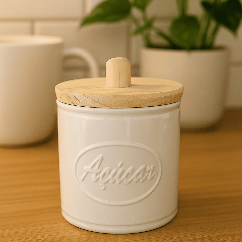 POTE PORTA AÇUCAR 1KG CONDIMENTOS CERAMICA PORCELANA BRANCO CASA COZINHA TAMPA MADEIRA