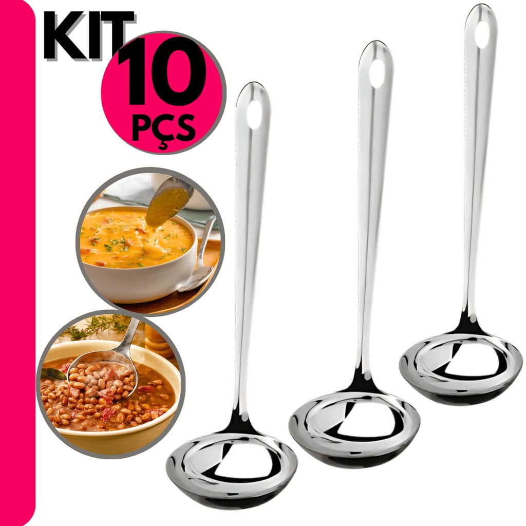 KIT 10 Concha de Feijão Aço Inox Resistente para Servir Molho Feijão Sopa Casa Restaurante Buffet