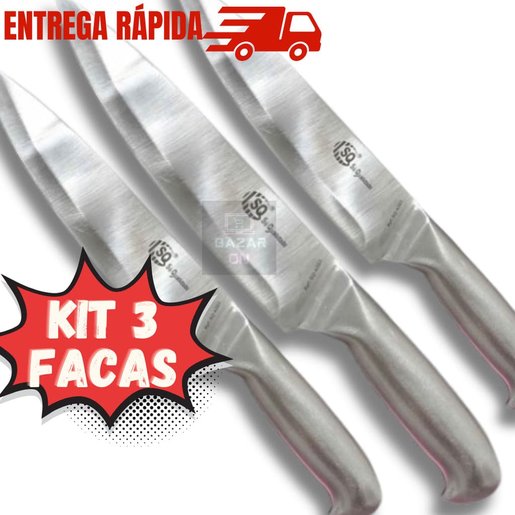 Kit 3 Facas De Cozinha Churrasco Peixeira Toda Aço Inox Escovado Inteiriça 7” Afiada Cabo De Aço