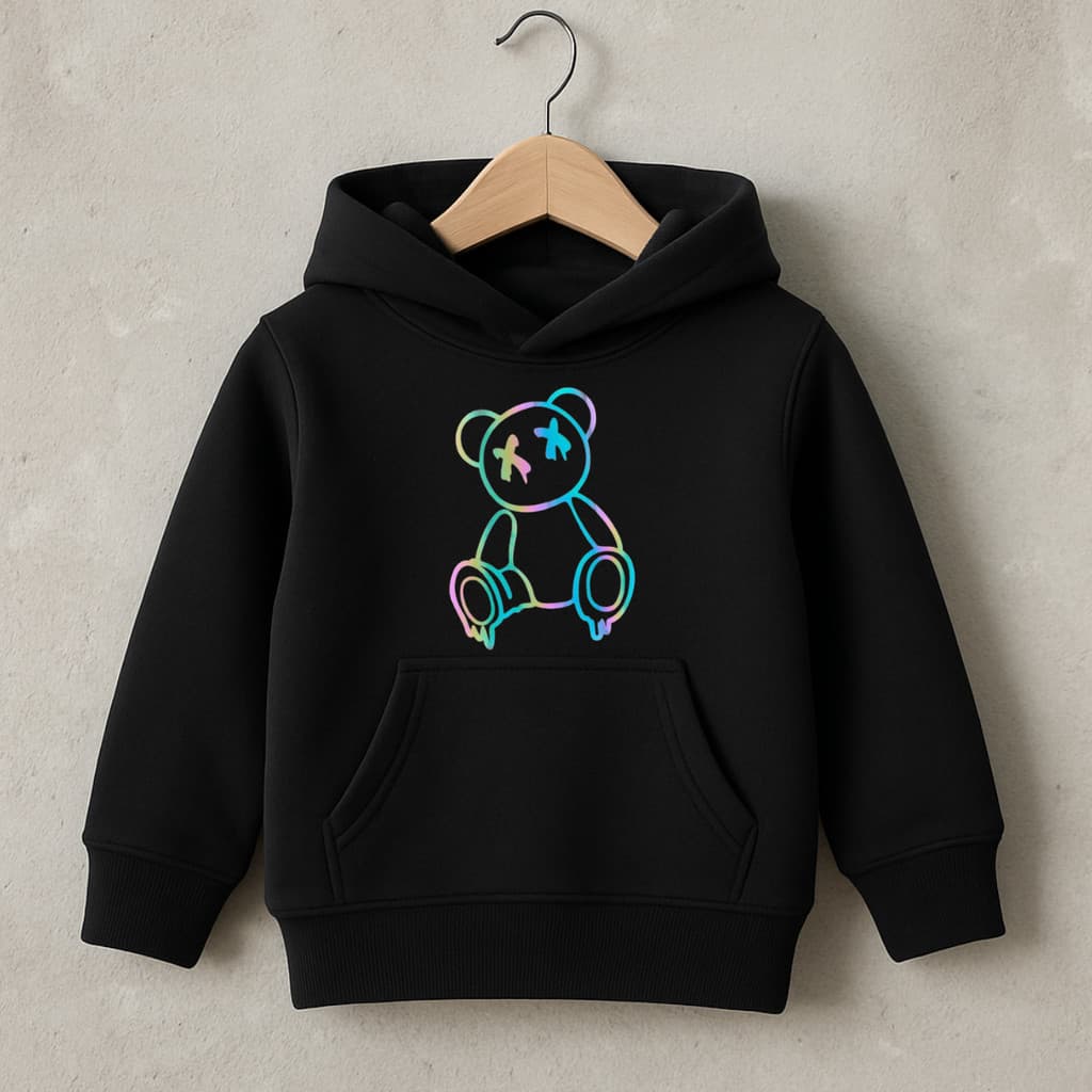 Moletom infantil Estampado Urso Holográfico Com Capuz Canguru Algodão Peluciado