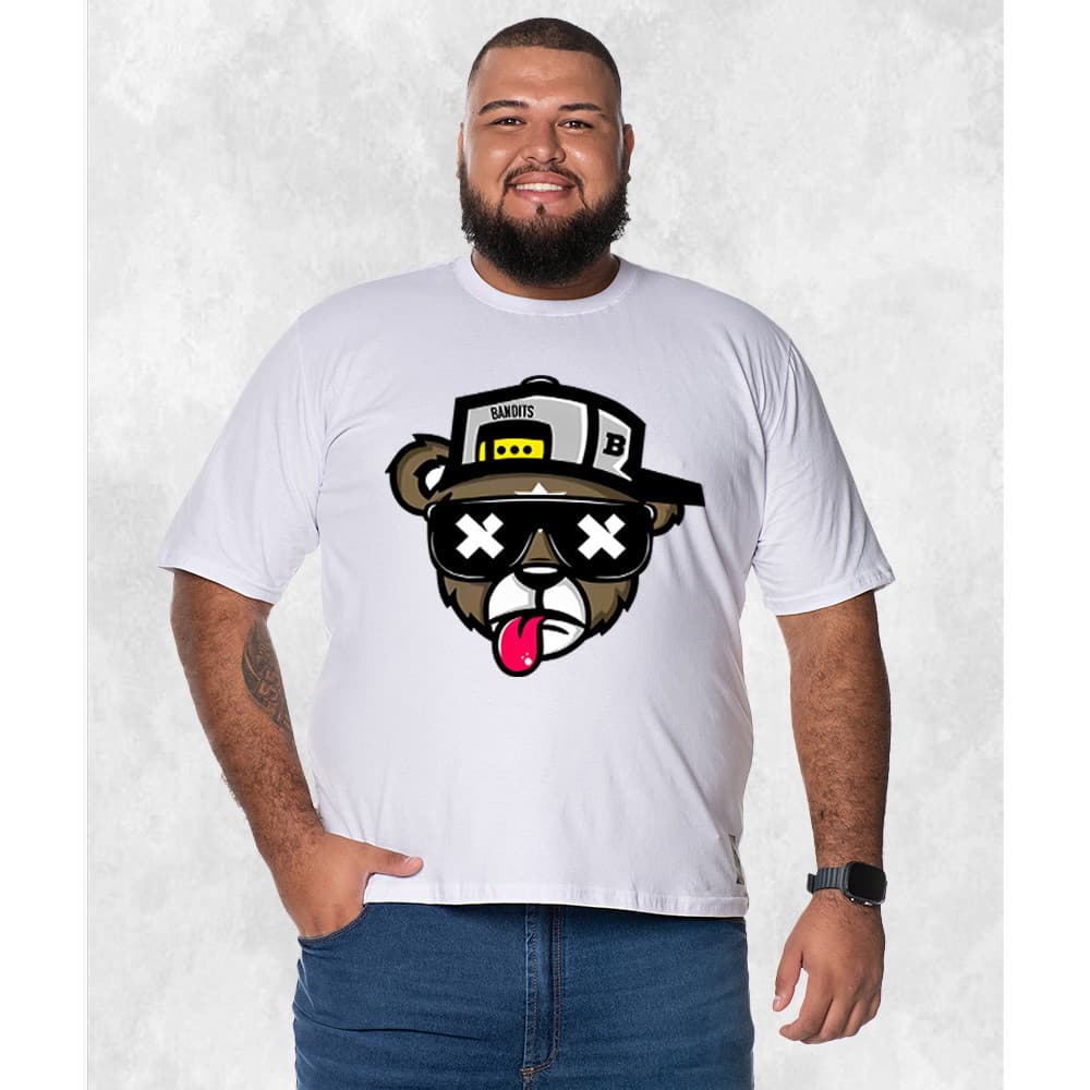 Camiseta Estampada Tamanho Grande Plus Size Urso Boné Bolado