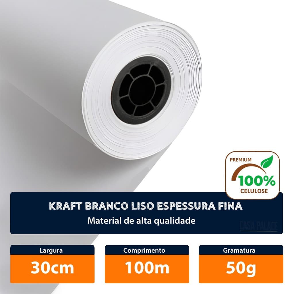 Papel Kraft Branco 50g Com 30cm x 100 Metros Monolúcido