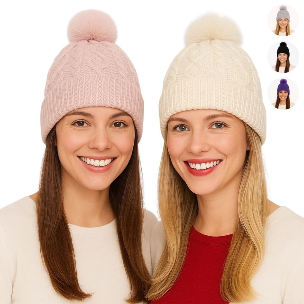 Touca Feminina com Pompom de Tricô Lã Térmico Forrada de Pelinho Inverno Gorro De Frio Adulto