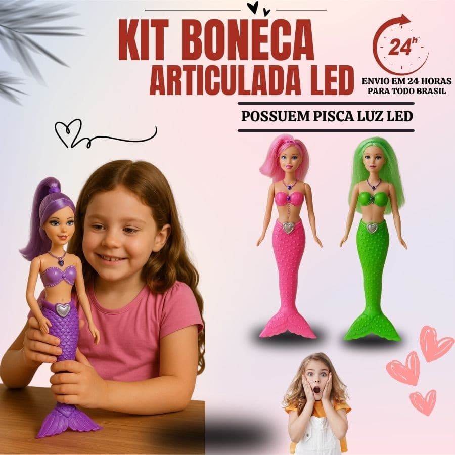 Boneca Princesa Sereia Articulada Com Cauda Com Luz The Mini Mermaids Brinquedo Menina